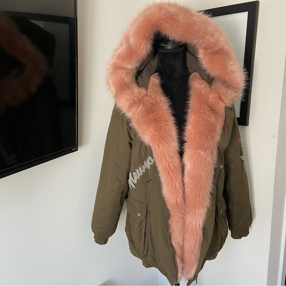 Vintage Havana Olive Jacket with Pink Fur Trim